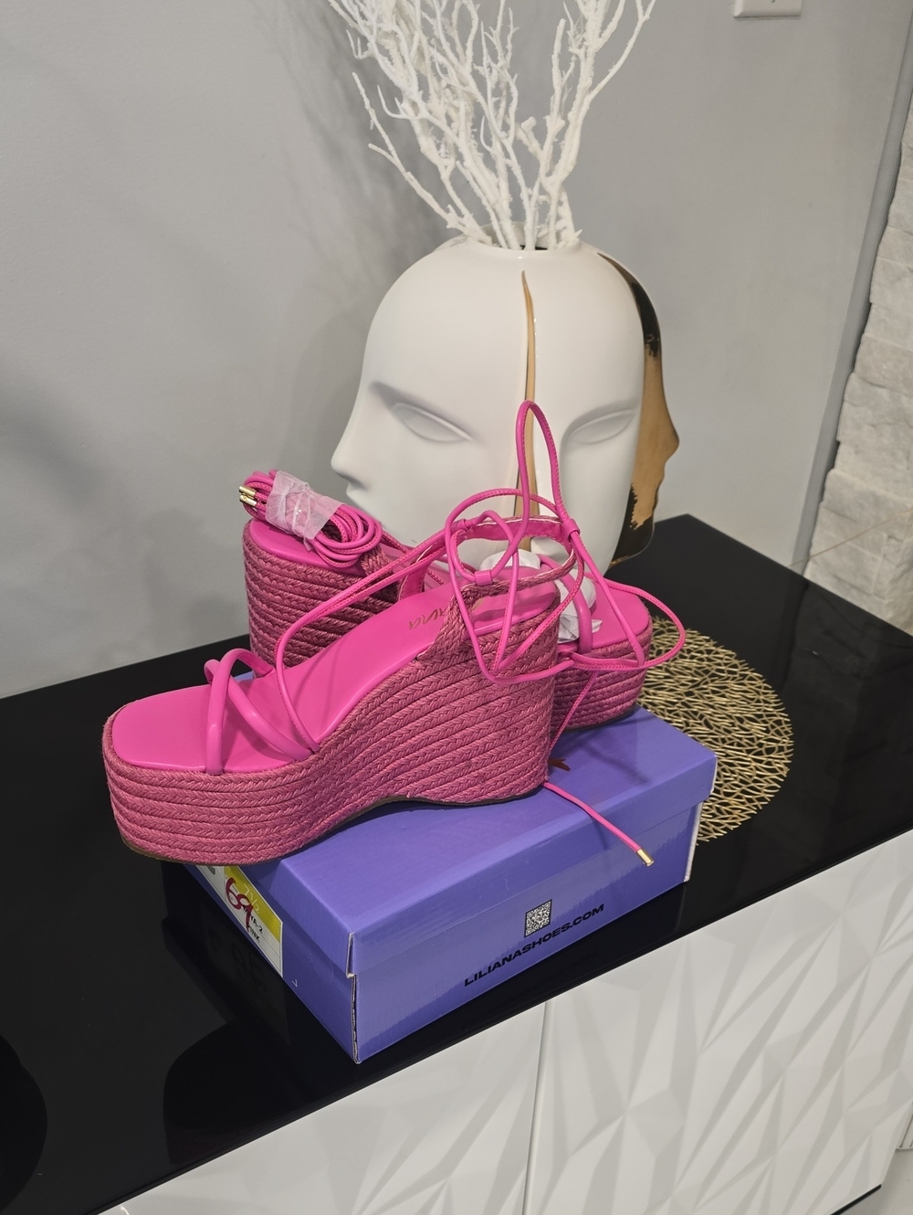 Liliana Bright Pink Lace-Up Platform Wedge Sandals